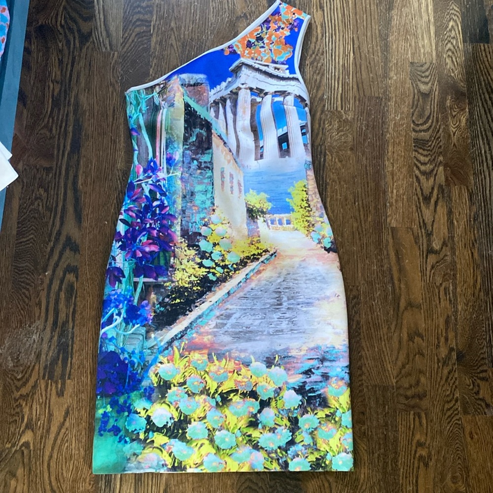 One shoulder Rome print dress